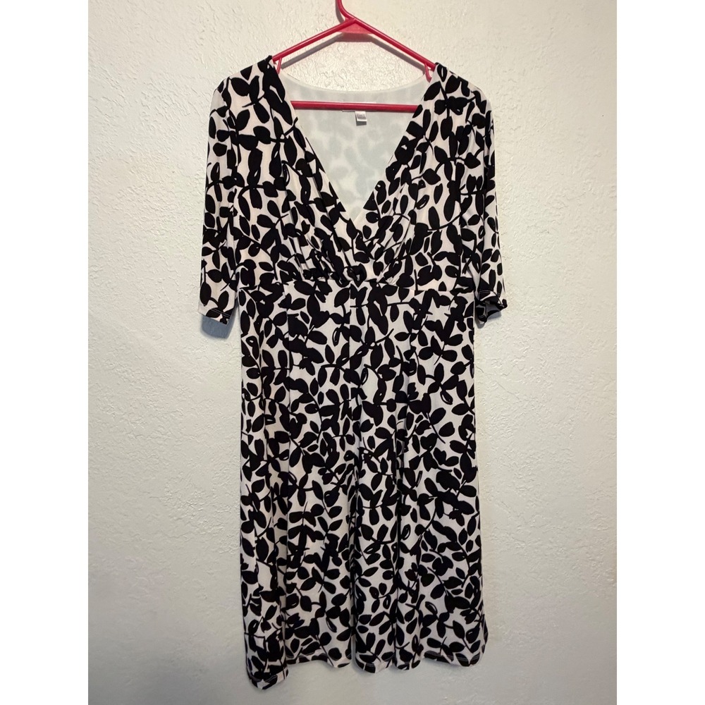 London Times Black White Leaf Print Faux Wrap Empire Waist Dress Size 14